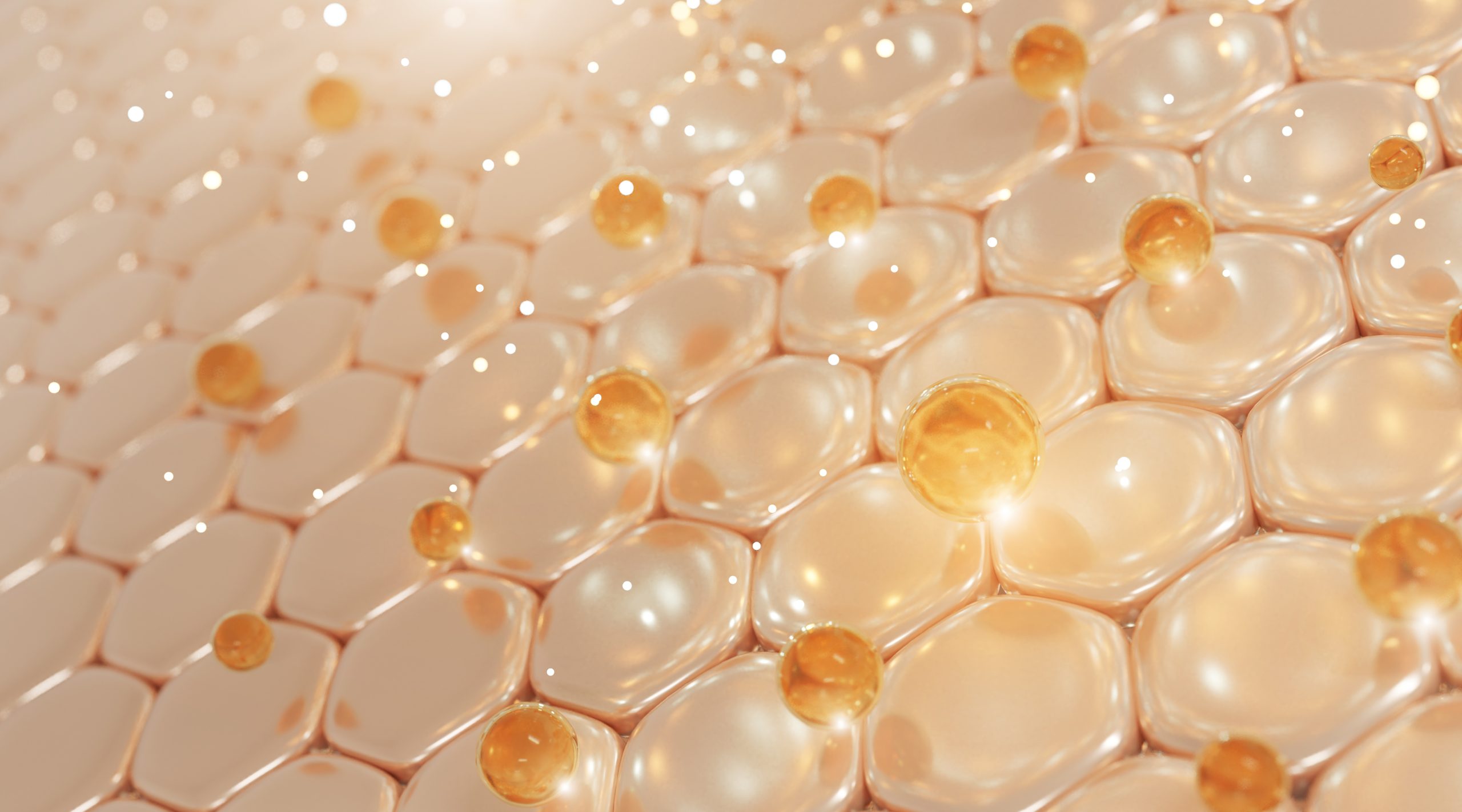 肌の拡大図。ミネラルやエネルギーなどが粒になって肌に届く様子。